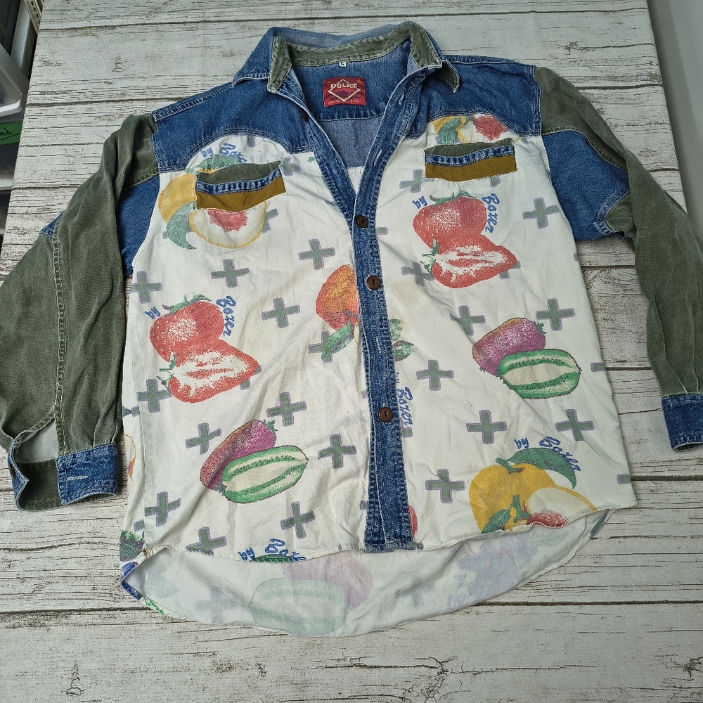 Police Blues Modern Basics Patchwork Button Down Casual Shirt Size Large